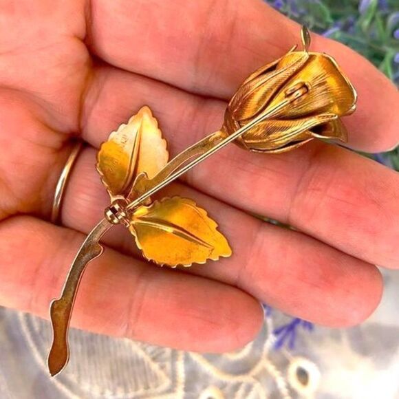 Vintage 60's Iconic Giovanni's Long Stem Snow Rose Brooch Pin - Picture 4 of 5